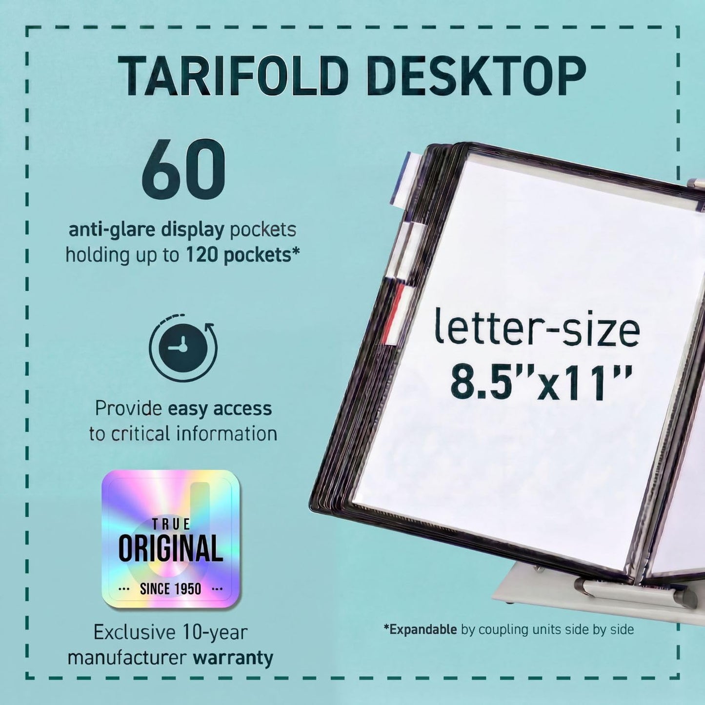 Tarifold Desktop Reference Organizer & Display System, 10 Double-Sided Pockets, 20 Sheet Capacity, Expandable, Durable Steel Wire Frames, Letter Size, Made in France, Black