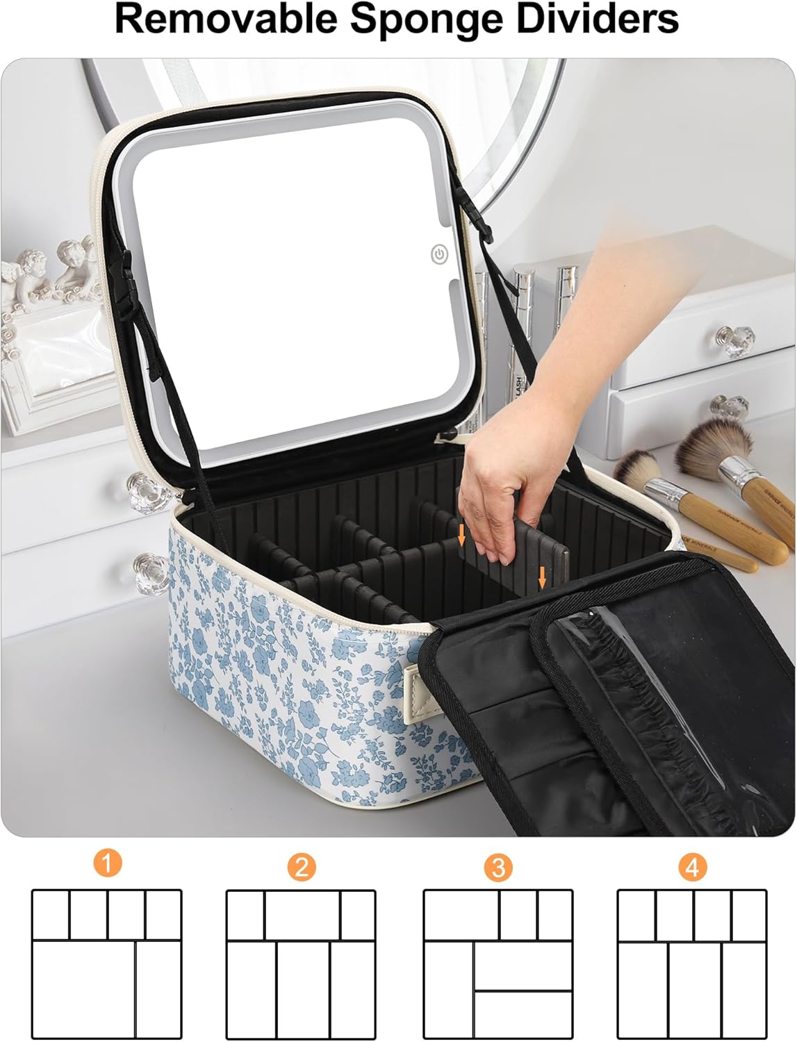 Relavel Travel Makeup Bag With LED Mirror, Cosmetic Train Case with Light up Mirror, Portable Makeup Artist Organizer Bag with Adjustable Dividers, Makeup Brush Holder Storage, Black
