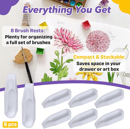 8-Pack White Paint Rest Holder, Silicone Brush Holder with Mixing Tray, Non-Slip Groove Design for Paint Brushes, Artist Watercolor Brush Organizer
