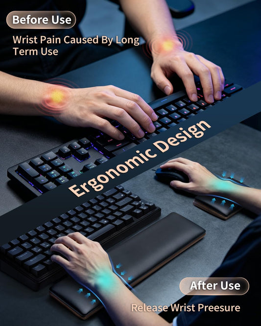 ASFSKY Keyboard and Mouse Wrist Rest Set for 60%-75% Compact Keyboards – Ergonomic Wooden Support Pad with PU Leather & Memory Foam, Anti-Slip Rubber Base for Gaming, Office & Typing Pain Relief