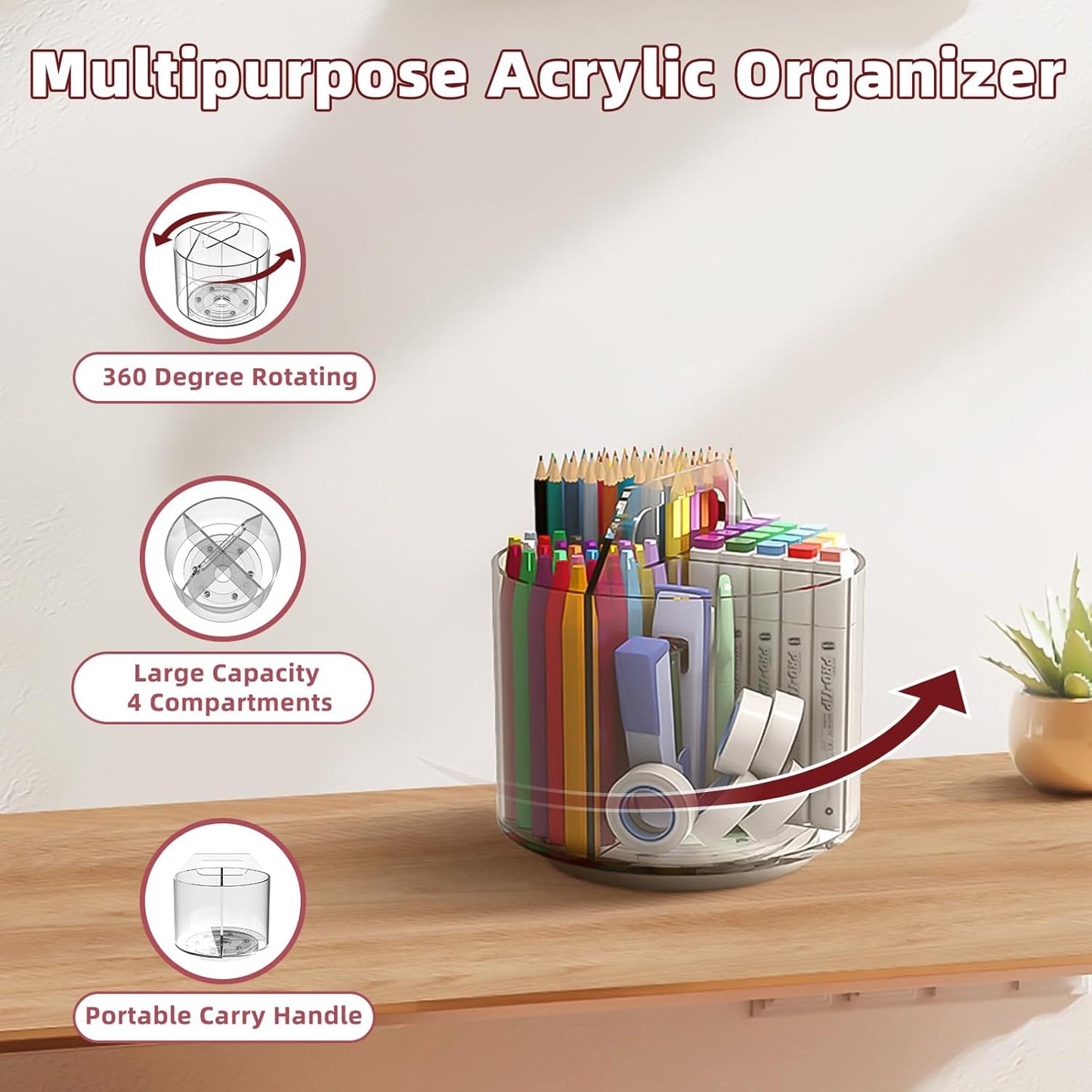 Absonic 250pcs Acrylic Pencil Holder Marker Organizer, 360-Degree Rotating Pen Holder, Crayon Organizers for Kids Pencil Organizer Caddy Art Supply Lazy Susan Organizer for Desk Home School Office