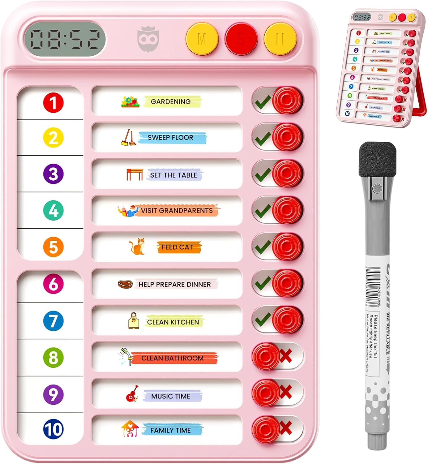 Chore Chart for Kids, Checklist Planning Board with Sliders, 19 Personalizable Sheets and Magnetic Marker, ADHD Tools for Kids to Do List Routine Chart Visual Schedule Board with Stand