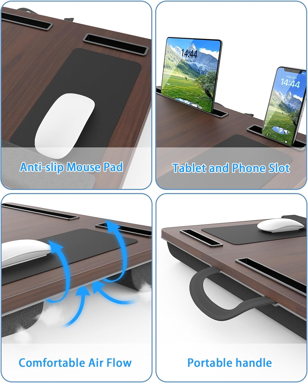 HETTHI Laptop Lap Desk, Portable Large Laptop Desk for Bed, Up to 17 Inch Lap Pad Tray with Wrist Rest, Mouse Pad, Tablet Phone Slot, Portable Handle, Cushion (Black)
