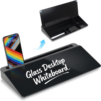 Glass Desktop Whiteboard 15.8×7”, Dry Erase Note Memo Board, Desk Organizer with Storage for Office, Home, Study, Black