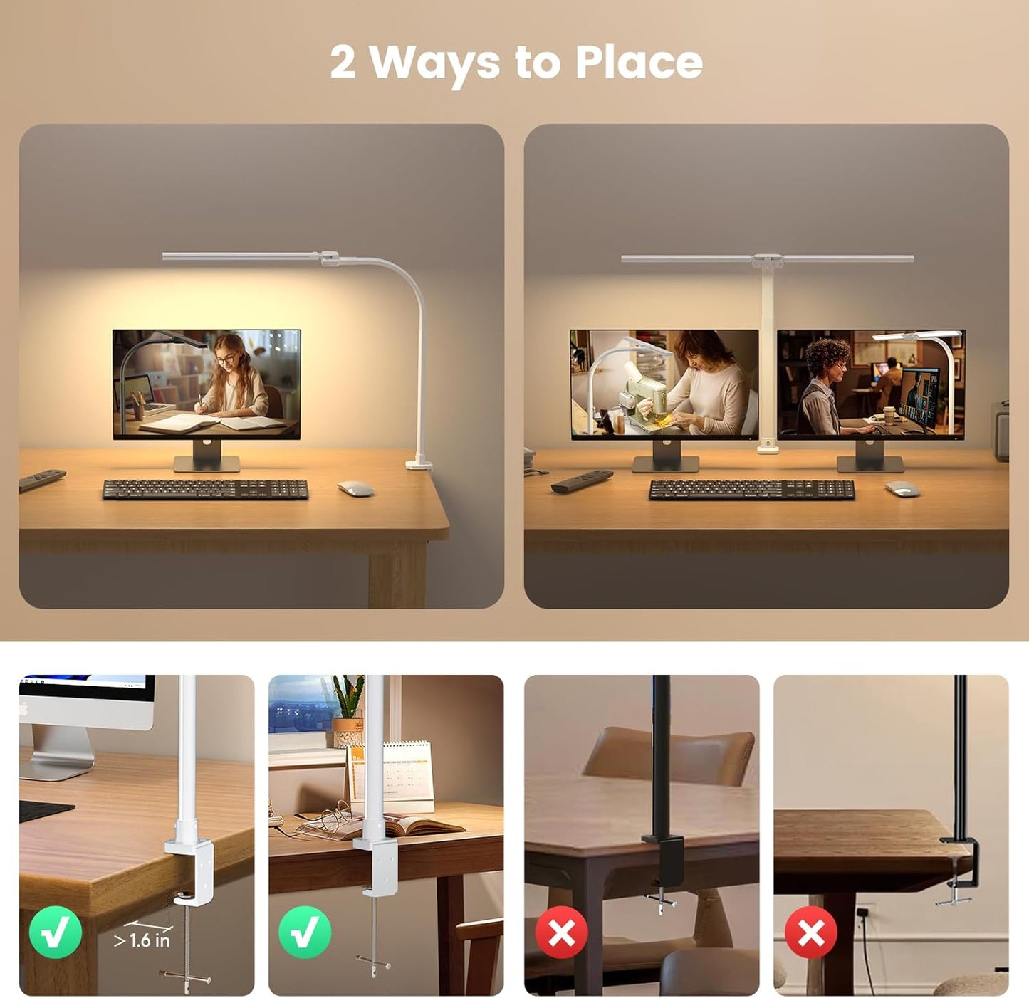 SIBRILLE LED Desk Lamp for Home Office - Dimmable Computer Desk Light with Clamp, Modern Architect Task Lamp with Color Changing, Flexible Desktop Lamp with Gooseneck for Monitor, Double Head, White
