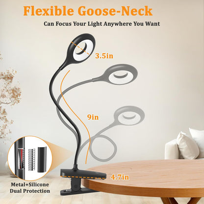 Clip on Light Rechargeable with Large Clamp, Battery Operated Bed Headboard Reading Lamp - 5 Colors 5 Brightness, Flexible Arm Book Light at Night for Kids Desk Bunk Metal Bed Frame (Black)