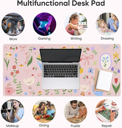 Pink Desk Mat, Leather Desk Pad Blotter Protector, XXL Large Mouse Pad,Computer Laptop Mouse Pads for Desktop,Waterproof Writing Anti-Slip Mousepad for Office and Home I Colorful Stickers