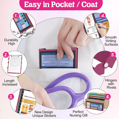 Nursing Clipboard Foldable-4 Layers Aluminum Nurse Foldable Clipboard Nursing Medical Edition Cheat Sheets, Pocket Size Pen Clip for Nurses Students School and Doctors-Pink