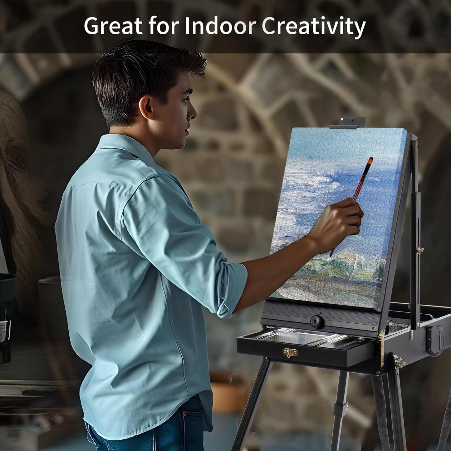 Falling in Art Light Weight French Style Field and Sketchebox Easel with Aluminum Tripod, Adjustable Beechwood Tripod Standing Easel with Drawer, Palette