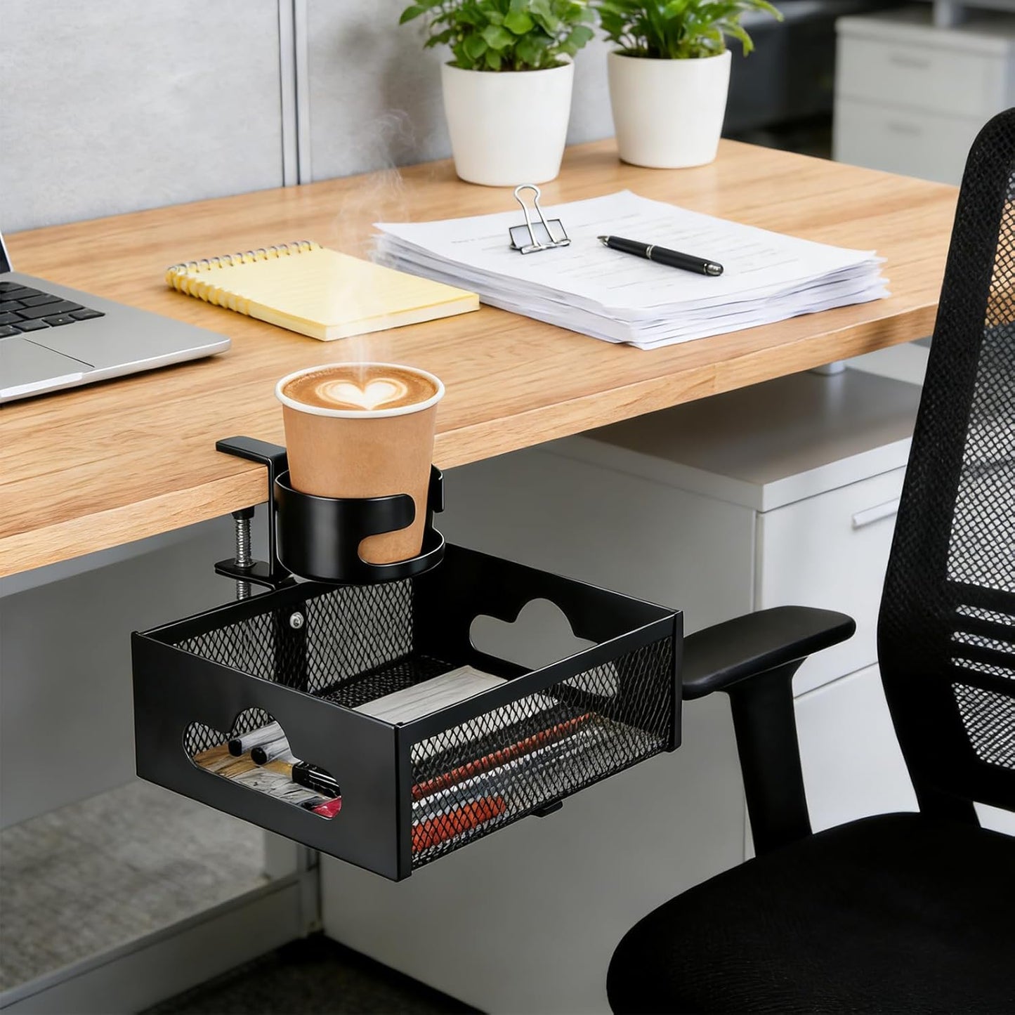 MYITYARD Desk Cup Holder Clamp, Anti-Spill Clip On Table Cup Holder, Rotatable Water Bottle Stand Drink Coffee Mug Storage, Office Accessories for Home and School (Black)