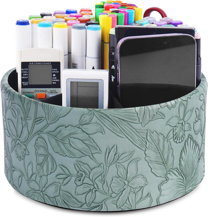 Round Leather Art Supply Organizer,Remote Control Holder,360 Degree Rotating,Multi-Functional Pencil Holder,4 Compartments Desktop Stationary Organizer(1-Fractal Flower) | Round - Colors B