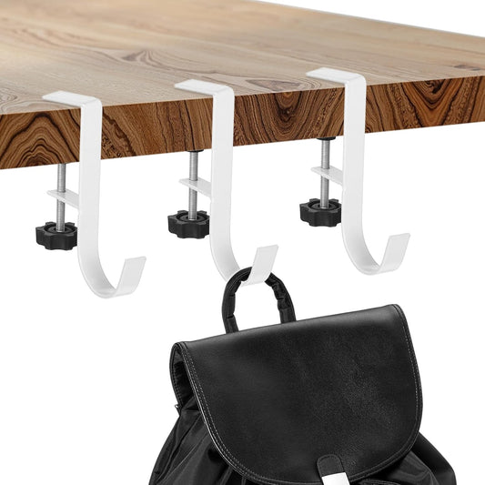 4Pcs Purse Hook for Table, Handbag Hanger for Desk Clamp-On Under Desk Backpack Hanger Adjustable White Bag Hook for Tables Heavy Duty Organize Desktop