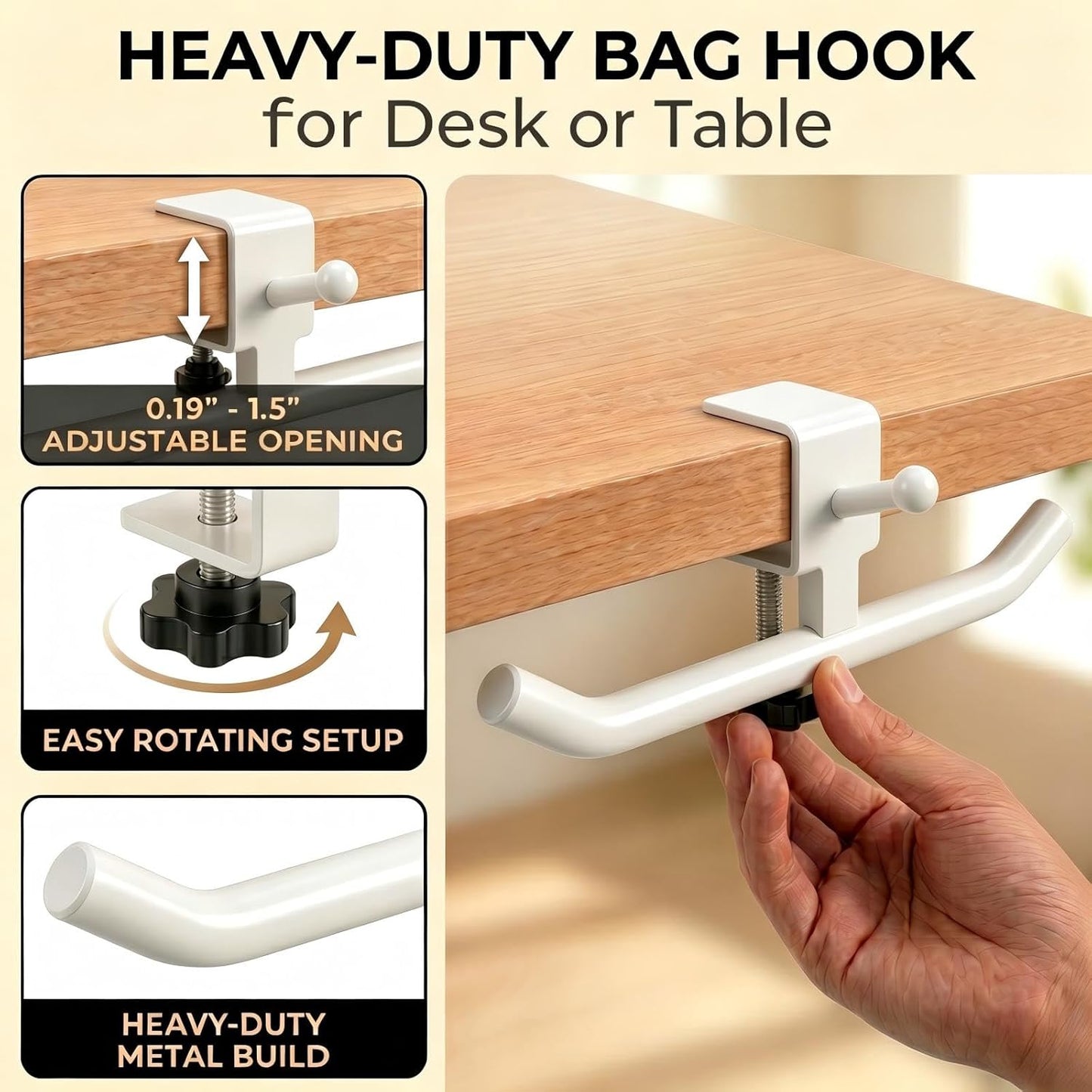Desk Hook for Bag, Adjustable Purse Hook for Table (1-4cm/0.39-1.45in), Heavy Duty Carbon Steel Backpack Hanger, 80lb Capacity Clamp-On Bag Holder for Office, Classroom, Cafe, Home, and Gaming (White)
