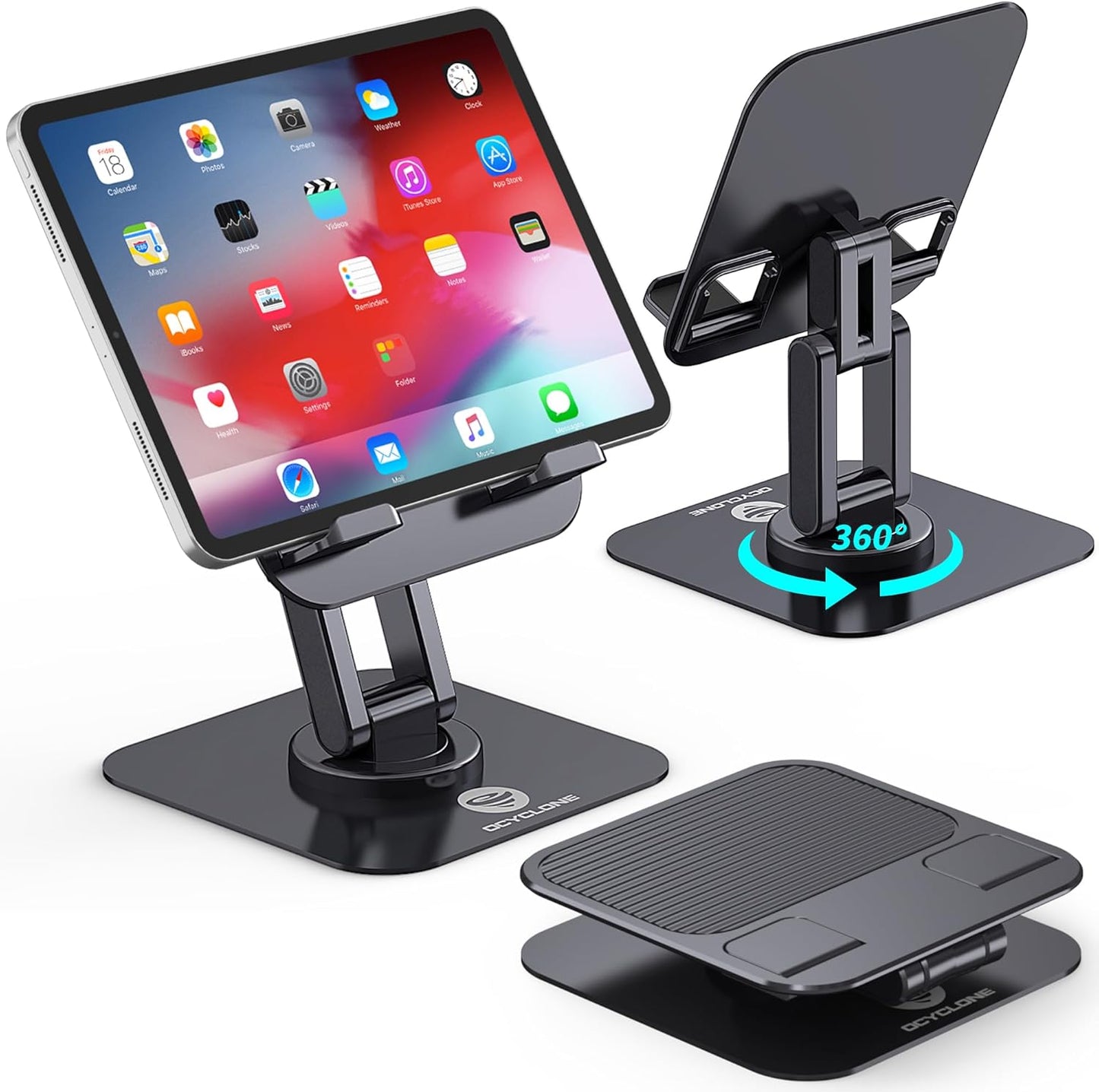 OCYCLONE iPad Stand, 360° Rotating Adjustable Foldable iPad Tablet Stand Holder for Desk Compatible with Kindle Tablet iPad 4" - 15.6" Portable Monitor Stand, Black