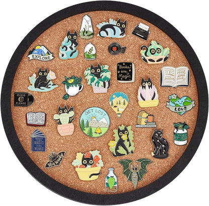 BENECREAT Flat Round Pin Board Cork Board, 7.87inch Bulletin Board Wall Mounted Display Board with Black Frame for Brooch Pin Storage Display, Office Home School Decor