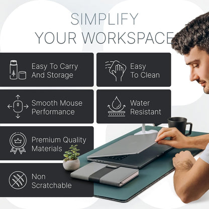 Nordik Felt and Leather Desk Mat - Willow Haze Sage - 35x17 Inch Felt and Vegan Leather Desk Blotter with Document Hideaway - Large Computer Mats for Desktop - Ideal Keyboard Mat for Office and Home
