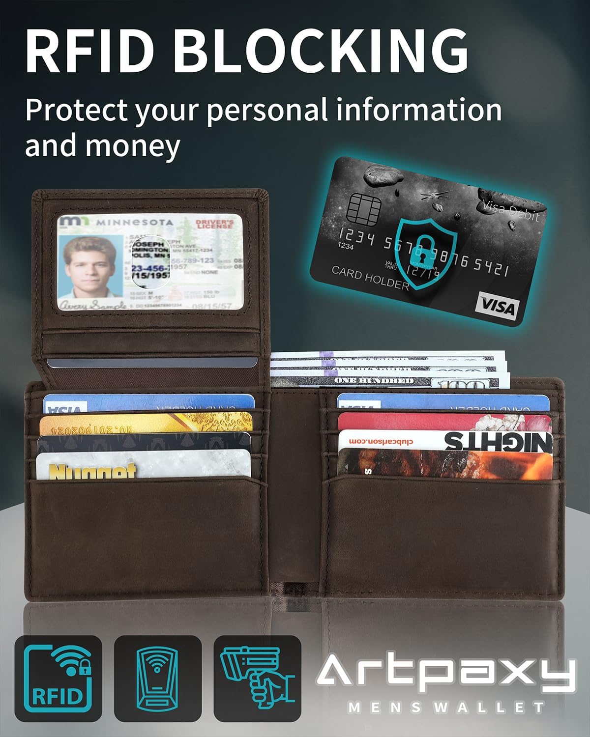 Mens Wallet With AirTag Holder, Bifold Leather RFID Blocking 1-2 ID Windows 12-13 Card Holders, Gift Box and Screen Protector Included, AirTag Not Included