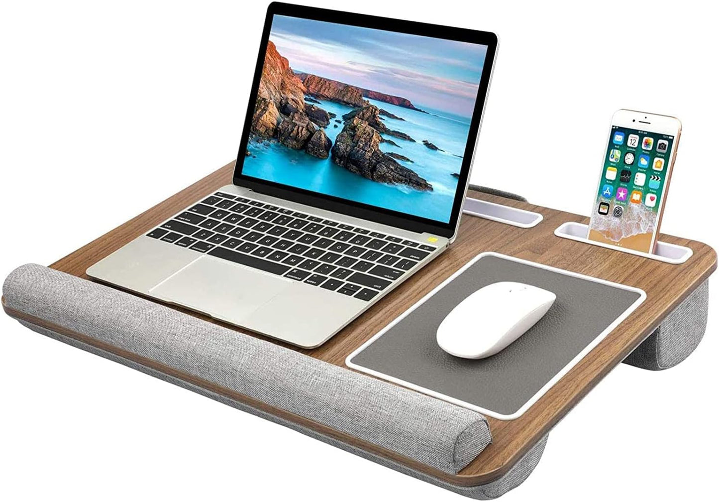 HUANUO Lap Desk - Fits up to 17 inches Laptop Desk, Built in Mouse Pad & Wrist Pad for Notebook, Laptop, Tablet, Lap Stand with Tablet, Pen & Phone Holder, Wood Grain
