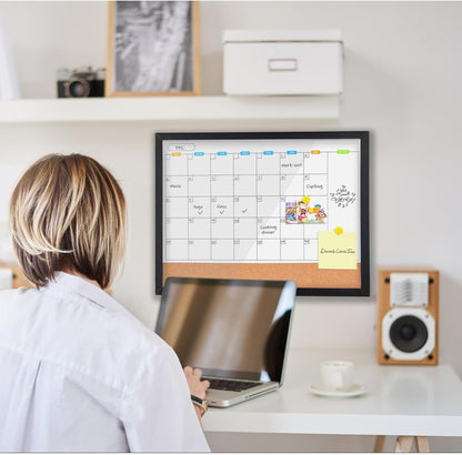 Monthly Whiteboard Calendar with Cork Board for Wall, 17"x13",Magnetic Dry Erase Board with White Wood Framed,2-1 Wall Planner Whiteboard,Bulletin Board with Pins for Home,School,Office
