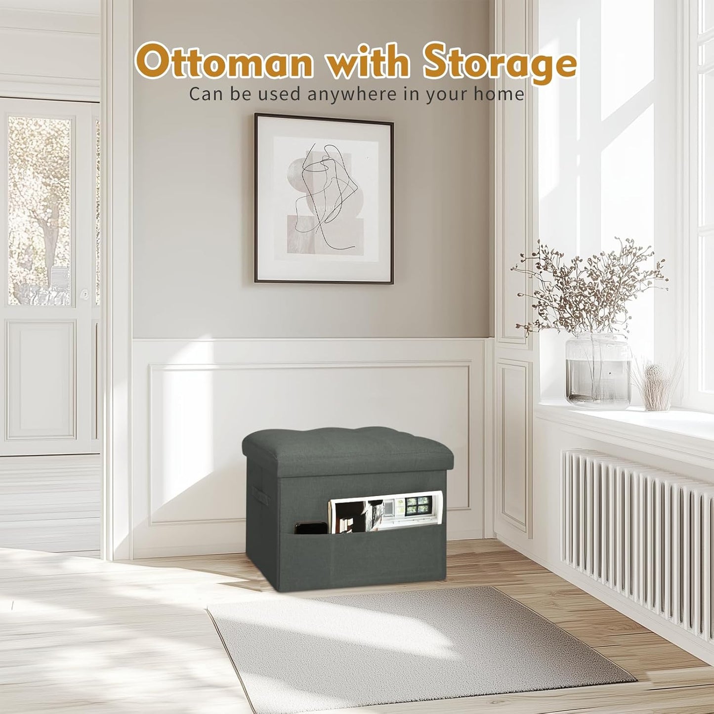 Storage Ottoman with Extra Thick Foam Padded Seat, Foldable Foot Rest Stool with Linen Fabric, 43L Ottoman with Storage Bench for Bedroom Living Room, Holds Up to 300lbs, 17x13x13in, Dark Gray