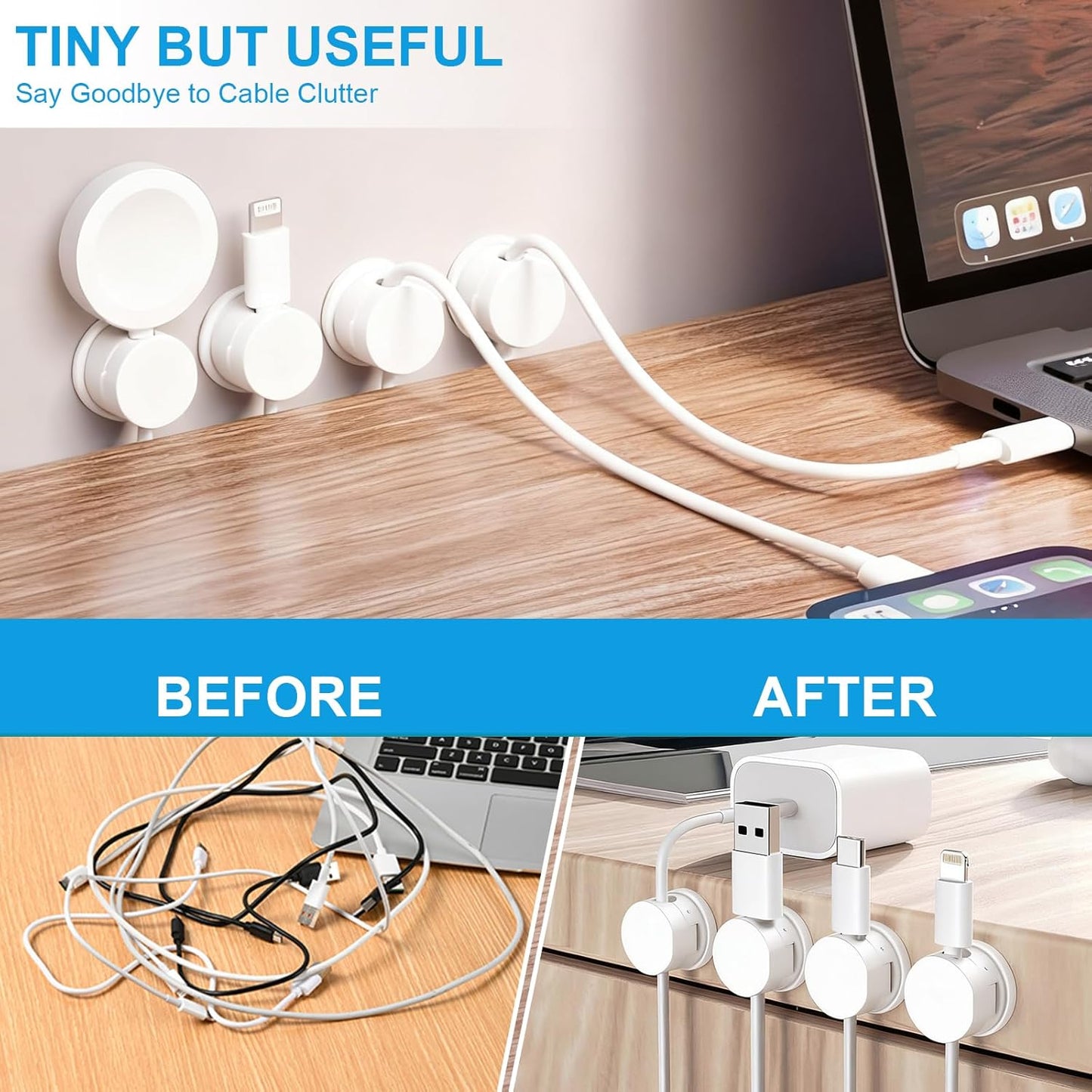 6pcs Magnetic Cable Clips, 360° Swiveling Adhesive Cable Organizer - Compact Cable Holder for Desk, Nightstand, Car, Kitchen & Home Office - Charger Cord Holder Solution by MarLigavid (Black)