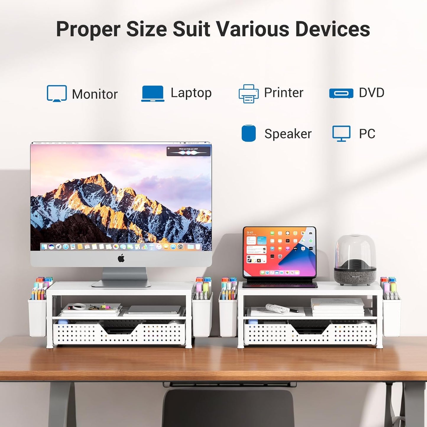 Wood Metal Monitor Stand Riser, Laptop Stand for Desk, Office Desk Organizer and Accessories, Computer Desktop Shelf with Drawer and Pen Holder, Printer Stand for Home, Office, Dorm (Natural Wood)
