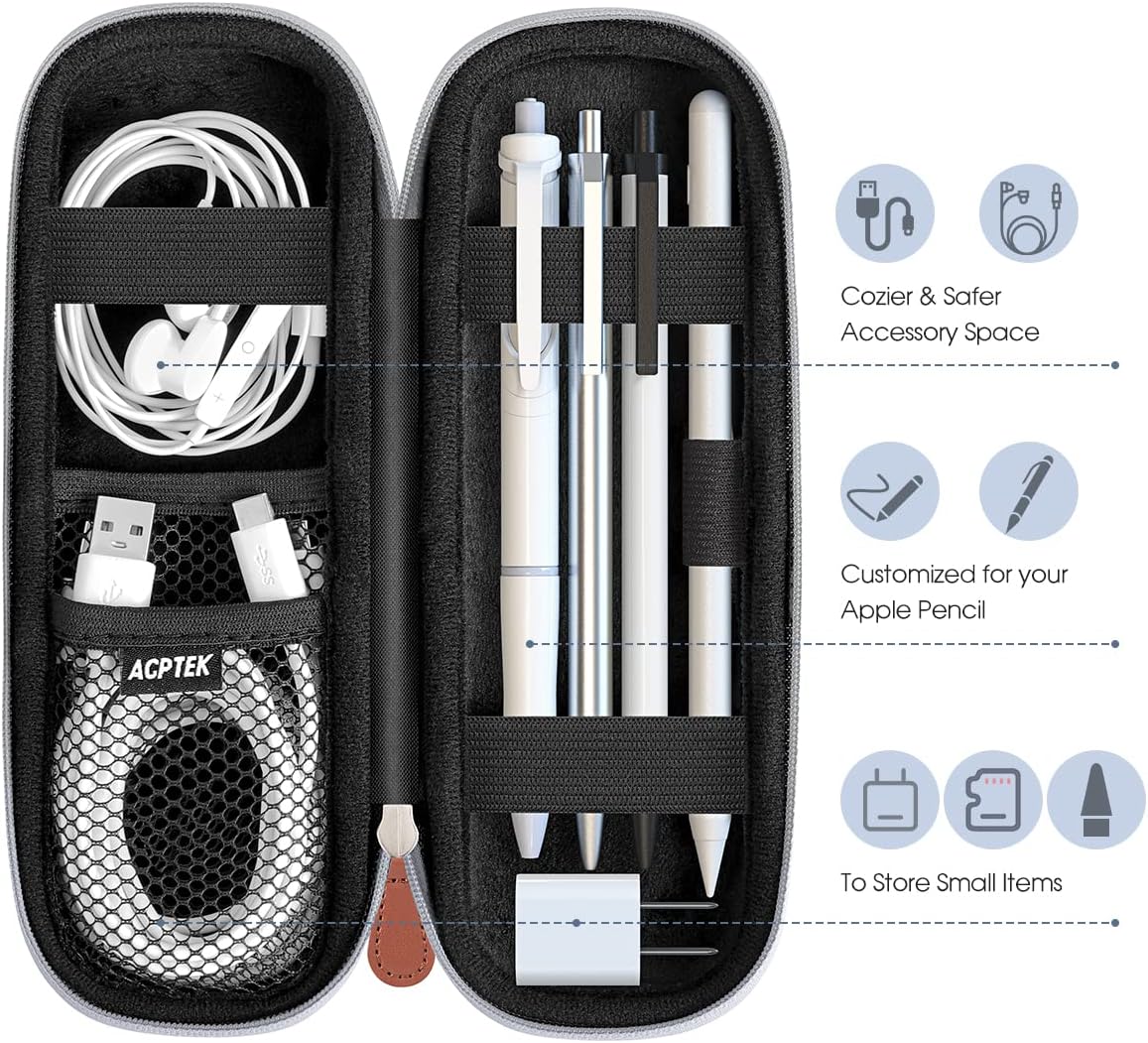 AGPTEK Case Holder for Apple Pencil, Slim PU Leather Carrying Case Pouch Cover Compatible with Apple Pen Accessories, USB Cable, Earphone,Samsung Stylus iPad Pro Pen/Pencil, Recording Pen, Gray