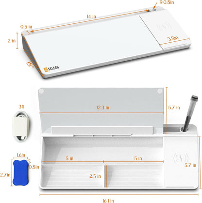 SELEAD Desktop Glass Whiteboard with Wireless Charger Station, Dry Erase Board Computer Pad Keyboard Stand with Organizer for Home, School, Office Desk Accessories, Black