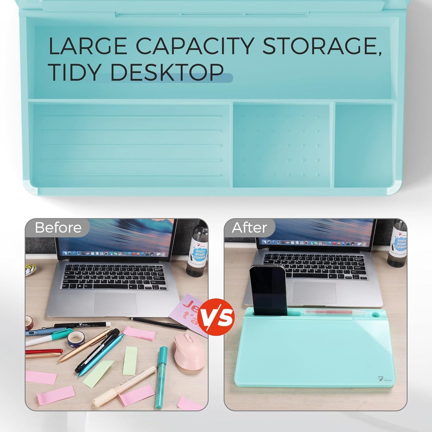 TOWON Small Compact Glass Desktop Whiteboard with Storage – 12 x 7 in Dry Erase Board for Desk, Home Office, School | Includes 5 Markers, Eraser & Holder | Space-Saving Organizer, Aesthetic Rose Gold