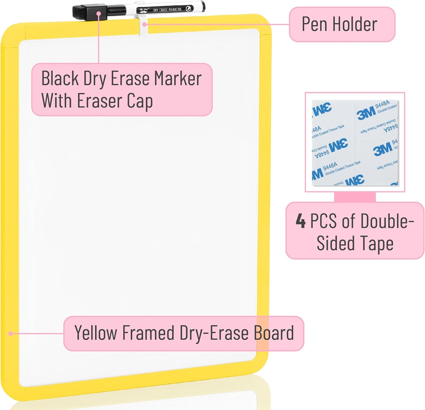 Mr. Pen- Dry Erase Board, 14” x 11” with a Black Dry Erase Marker, White Frame, Small Mini White Board for Students, Fridge, Wall, Locker, Includes Double Sided Tapes