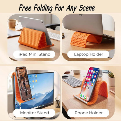 2Pcs Silicone Phone Stand with Aluminum, Flexible Foldable Phone Holder for Long Travel Accessories, Universal Adjustable Anti-Slip Desktop Mount for Phone Tablet Laptop (Orange + Black)