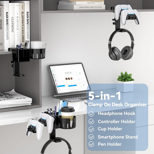 KDD 5 in 1 Desk Controller Holder - Rotating Headphone Hanger with Cup Holder - Clamp On Desk Organizer Holds Controller, Headphone, Cup, Mobile Phone and Pen(Black)