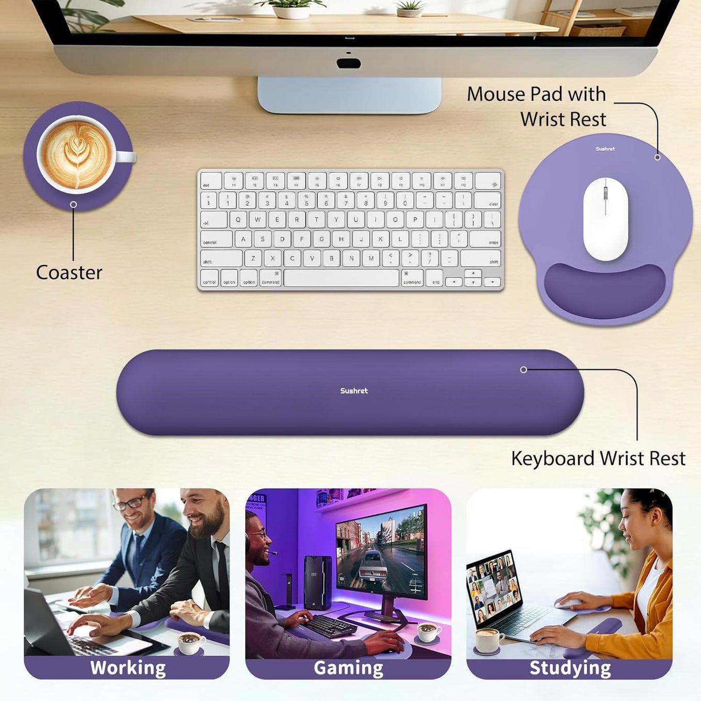Sushret Mouse Pad and Keyboard Wrist Rest, 3-in-1 Gel Memory Foam Ergonomic Mouse Pad with Wrist Rest Set,Gaming Mousepad Arm Cushion Support for Computer Office Desk Accessories Cute Setup,Sage Green