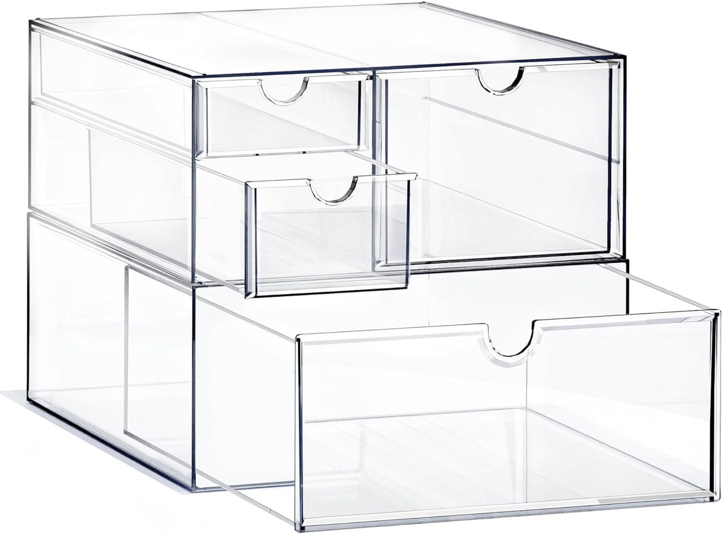Prsildan Acrylic Drawer Makeup Organizer with 6 Drawers (Not for Baby Bottle), Set of 2 Office Desk Organizers Accessories, Clear Stackable Storage Drawers for Vanity, Craft (Largest Drawer 4" Tall)