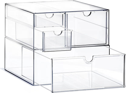 Prsildan Acrylic Drawer Makeup Organizer with 6 Drawers (Not for Baby Bottle), Set of 2 Office Desk Organizers Accessories, Clear Stackable Storage Drawers for Vanity, Craft (Largest Drawer 4" Tall)