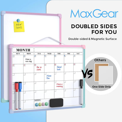 MaxGear Monthly Calendar Dry Erase Board for Wall, 16"x12" Small Hanging Double-Sided White Board, Portable Whiteboard for Planning, Drawing, Memo, to Do List, School, Home, Kitchen, Office