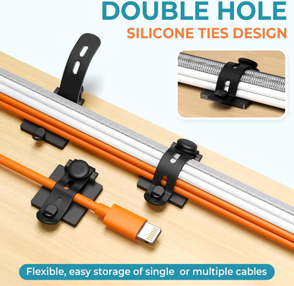 Kanemc Cable Clips Management Kit, 15 Cable Holder With Silicone Cord Ties, 15 Nylon Zip Tie, Extra 15 Screws & 8 Adjustable Cable Straps For Workspace Organizers Computer TV Under Desk Wire Setup
