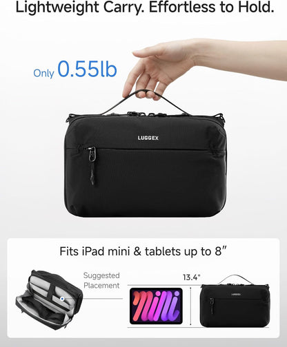LUGGEX Large All-in-One Tech Pouch, CBX01 Cable Organizer Bag with Removable Crossbody Strap, Double Accessories Bag & Water Resistant for Kindle, Chargers, Cord, Earphone for Travel Office, Black