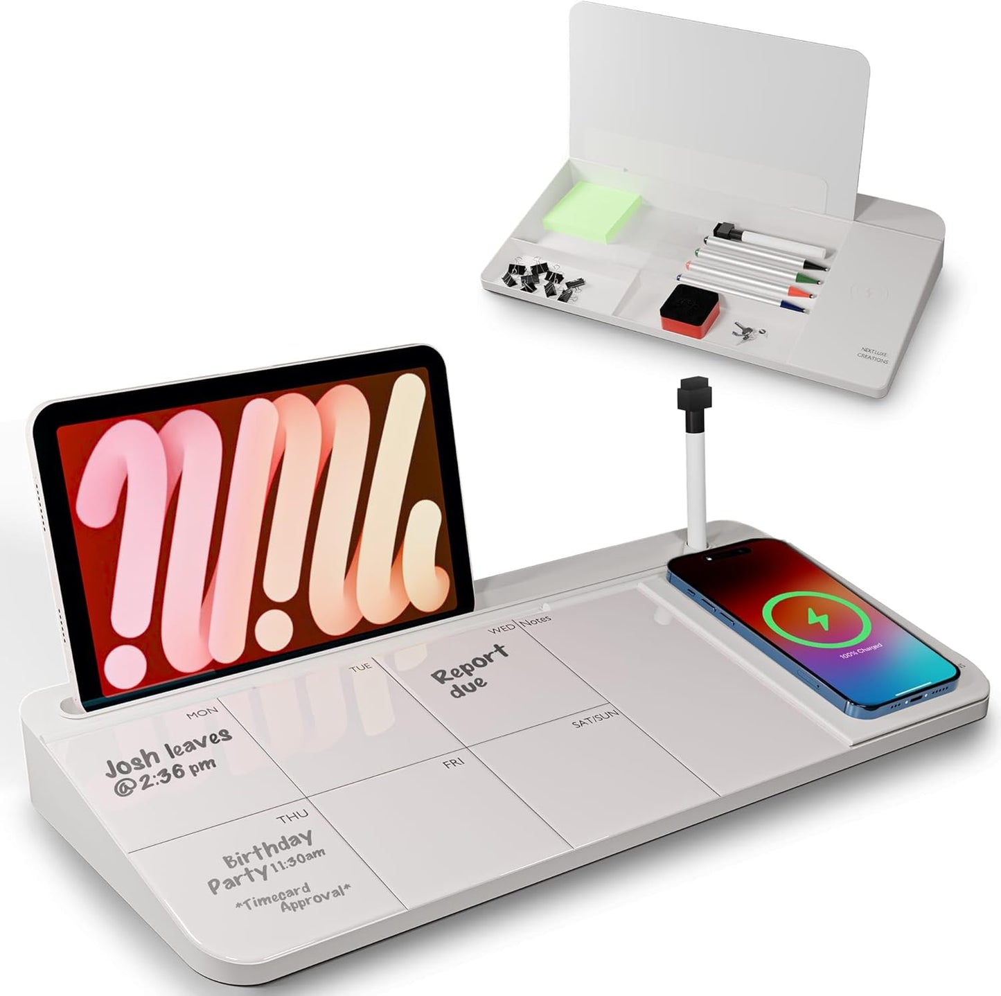 NEXTLUXE Glass Desk Whiteboard with Wireless Charger - Desktop Whiteboard with Storage, Weekly Planner, Dry Erase Pad, Organizer Drawer for Home, School, Office Gadgets – Black (Black)