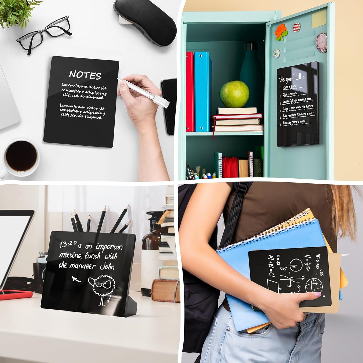 Acrylic Small Magnetic Dry Erase Board for Fridge, 8"x6" Desktop Whiteboard With Stand & Markers for Home Office School, Magnetic Note Meal Planner Grocery List Pad, Black