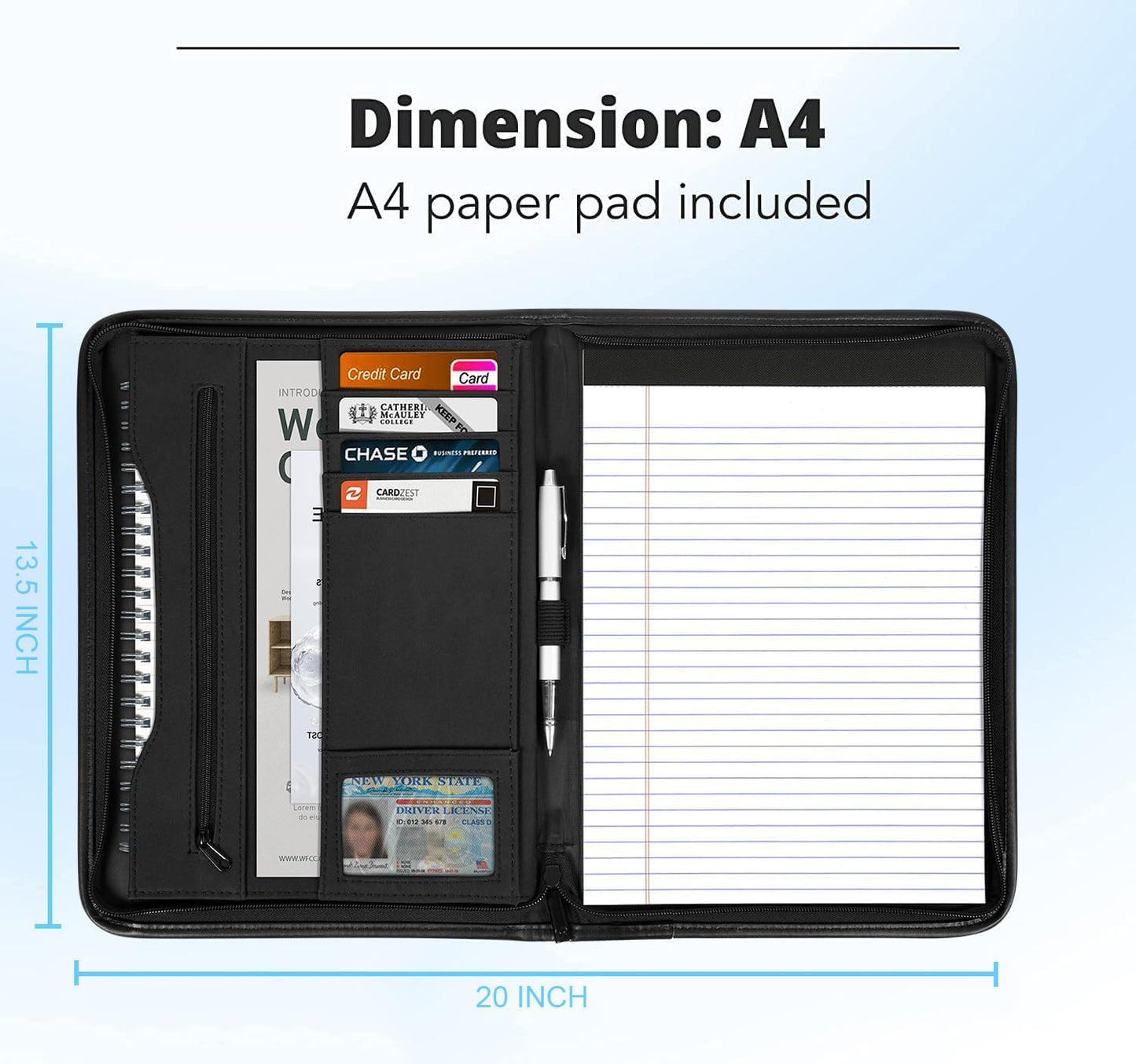 Zippered Portfolio Organizer/ A4 Refillable Lined Writing Notepad Folder Case/Fabric-Covered Padfolio Binder with Interior Storage Pocket for Men Women.Classic Black