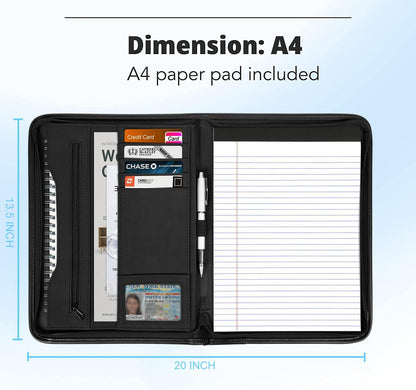 Zippered Portfolio Organizer/ A4 Refillable Lined Writing Notepad Folder Case/Fabric-Covered Padfolio Binder with Interior Storage Pocket for Men Women.Classic Black
