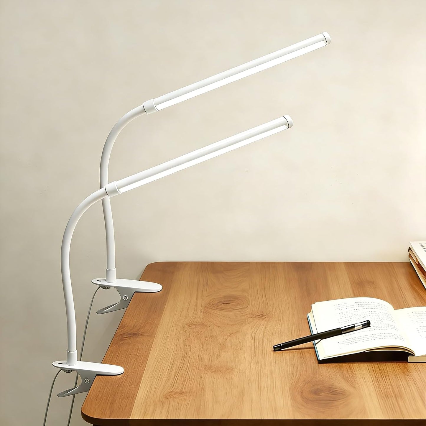 2 Pack Clip On LED Desk Lamp, 3 Lighting Modes 10 Brightness Levels, Flexible Goose Neck Swing Arm Task Lamp, Eye Caring USB Powered Clamp Light for Home Office Study Reading Bedside