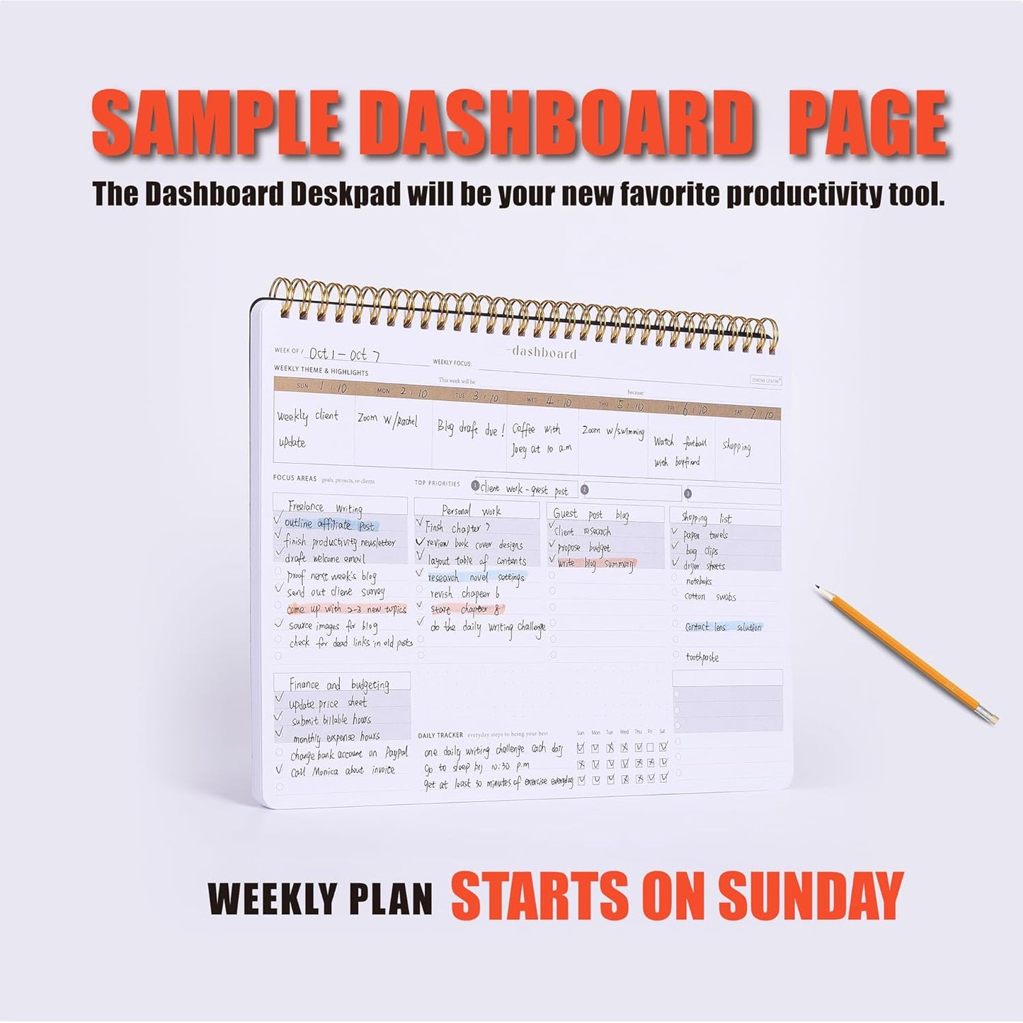 ZERONE CENTRE Productivity Weekly Planner - 54 Sheets Dashboard Spiral Deskpad Has 6 Focus Areas to List Tasks for Goals, Projects, Clients, Academic, or Shopping-Organize Your Daily Work Efficiently