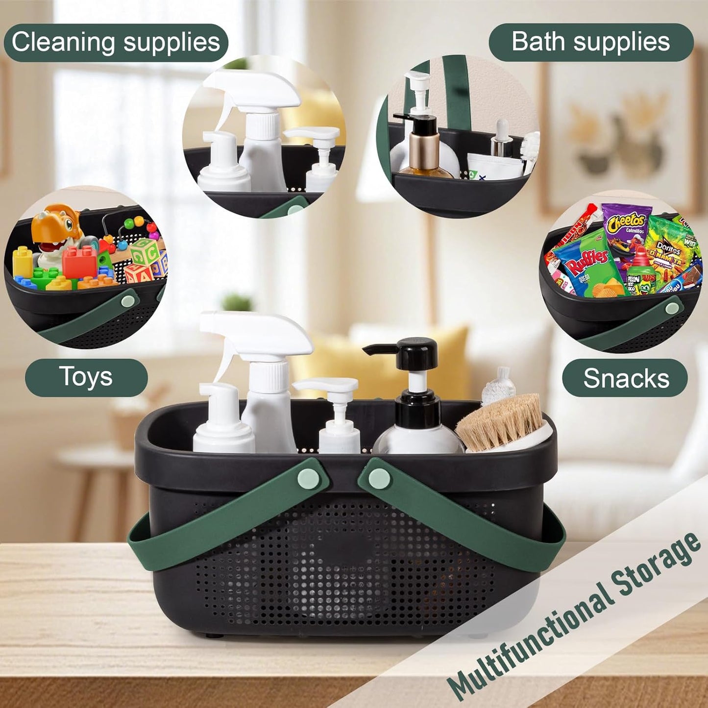 JiatuA Plastic Storage Basket with Handle Portable Shower Caddy Tote Organizer Basket Bin for Bathroom Kitchen Dorm Room Bedroom, Green