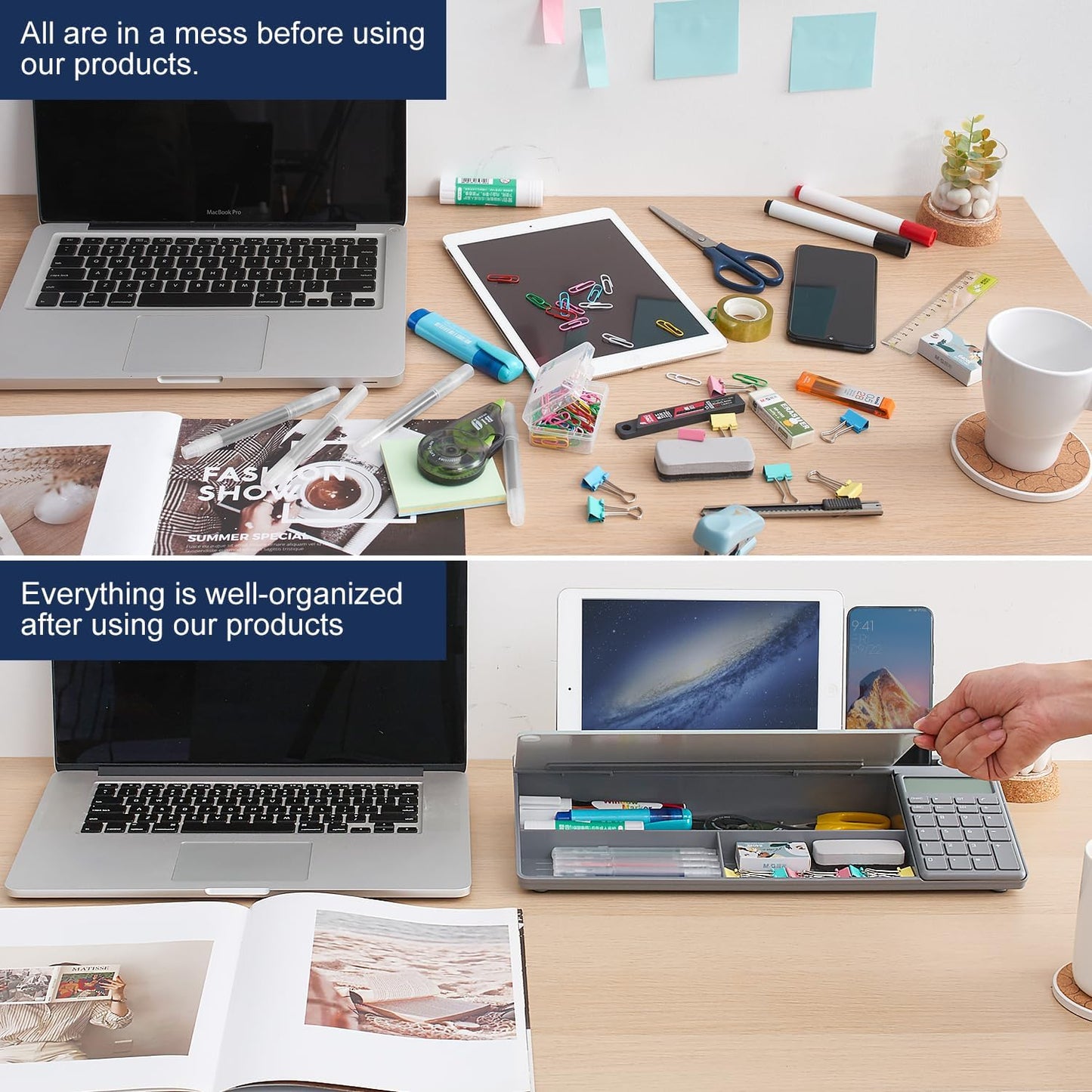 TSJ OFFICE Small Desktop Whiteboard -Glass Dry Erase Board Computer Keyboard Stand White Board Surface Pad with Drawer, Desk Organizers with Accessories for Office, Home, School Supplies - White