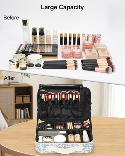 Relavel Makeup Case Large Makeup Bag Professional Train Case 16.5 inches Travel Cosmetic Organizer Brush Holder Waterproof Makeup Artist Storage Box, 3 Layer Large Capacity, with Adjustable Strap