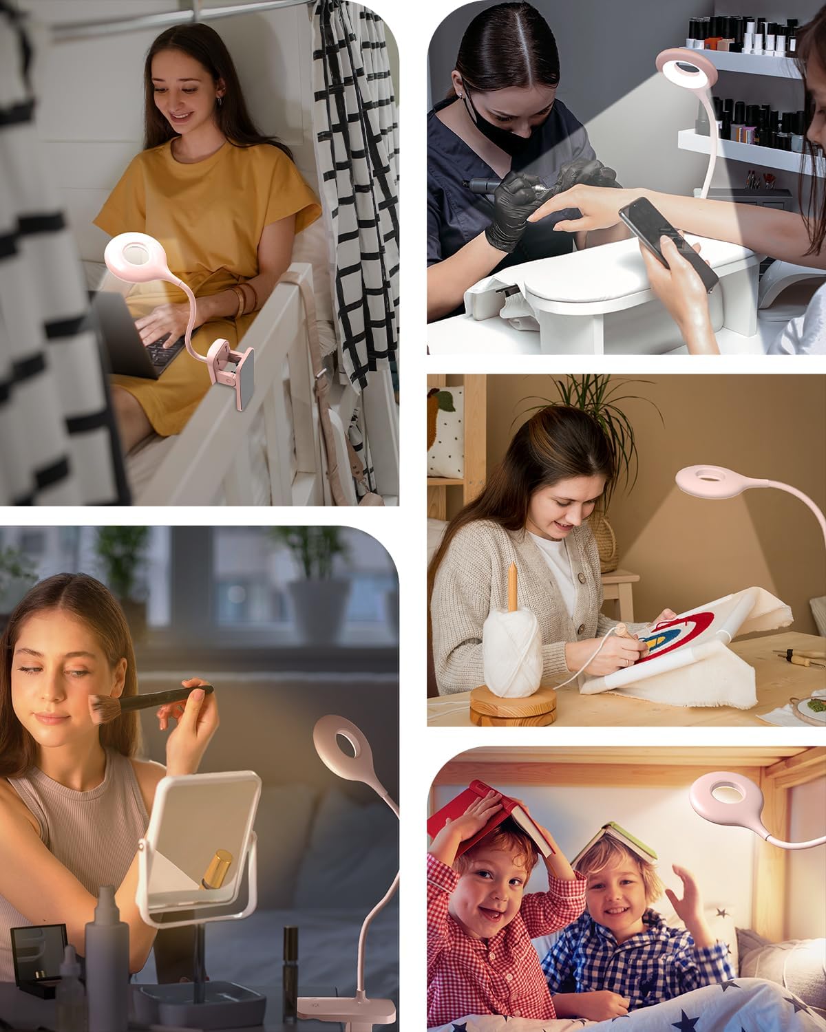 CUHIOY Rechargeable Clip on Reading Light for Bed, Battery Desk Lamp, 5 Color 5 Brightness & Touch Control Headboard Lamp, Large Clamp Lamp with Flexible Neck, Eye Protect LED Bedside Light, Pink
