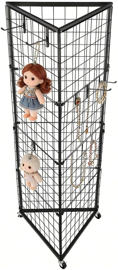 Grid Wall Panels Foldable Gridwall Display Stand 3-Sided Triangular with Wheels, Rolling Wire Grid Tower for Craft Show, Retail & Vendor Event(24" x 68")