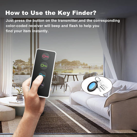 Key Finder Locator with Sound, 100ft RF Item Tracker Tags with LED Light, 80dB+ Loud Beep Wireless Remote Finder for Keys, Wallets, TV Remotes, Phones – 4 Receivers, Easy for Seniors